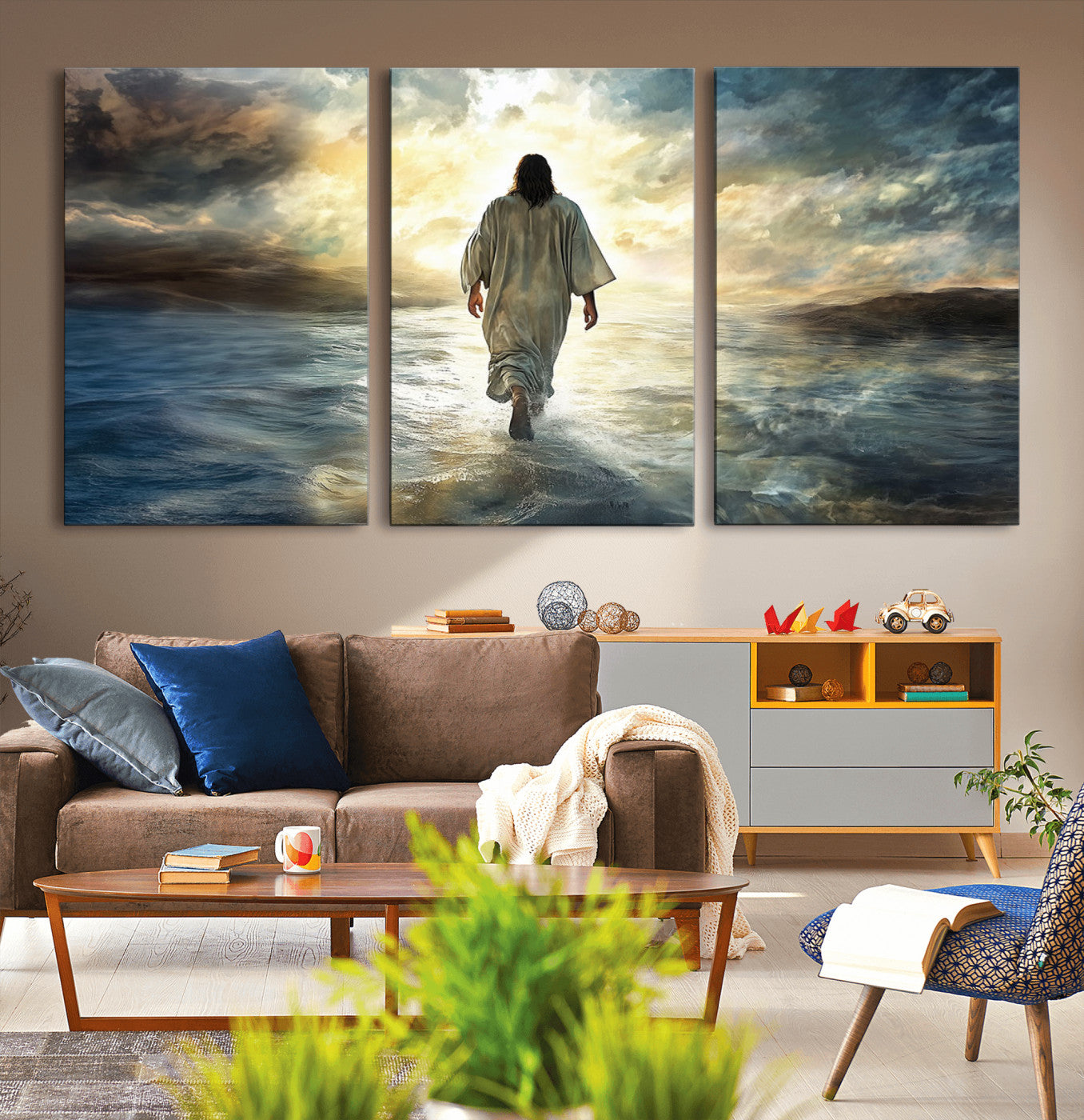 MGV-CV-60X30-3P - Jesus Walking on Water Wall Art | Canvas Print | Ready to Hang | Christian Home Decor | Spiritual