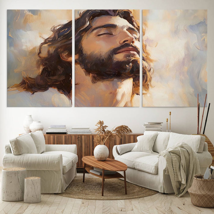 This museum-quality canvas print, titled "Jesus Portrait," features an oil painting style depiction of Jesus Christ with a closed-eyed expression. The high-resolution printing captures every detail beautifully.