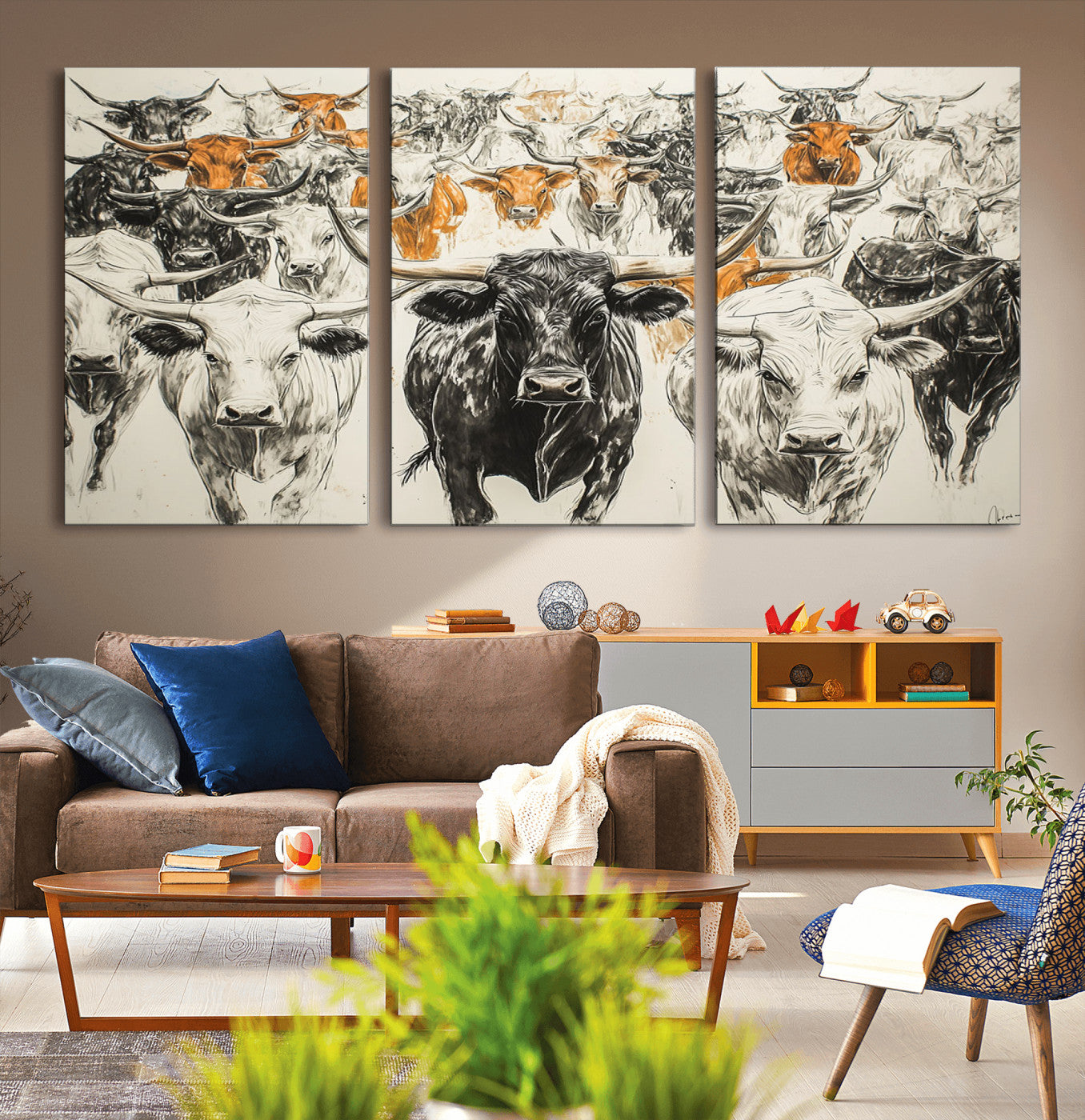MGV-CV-60X30-3P - Farmhouse Wall Art | Western Longhorn Cattle Canvas Print | Ready to Hang and Framed Barn Decor
