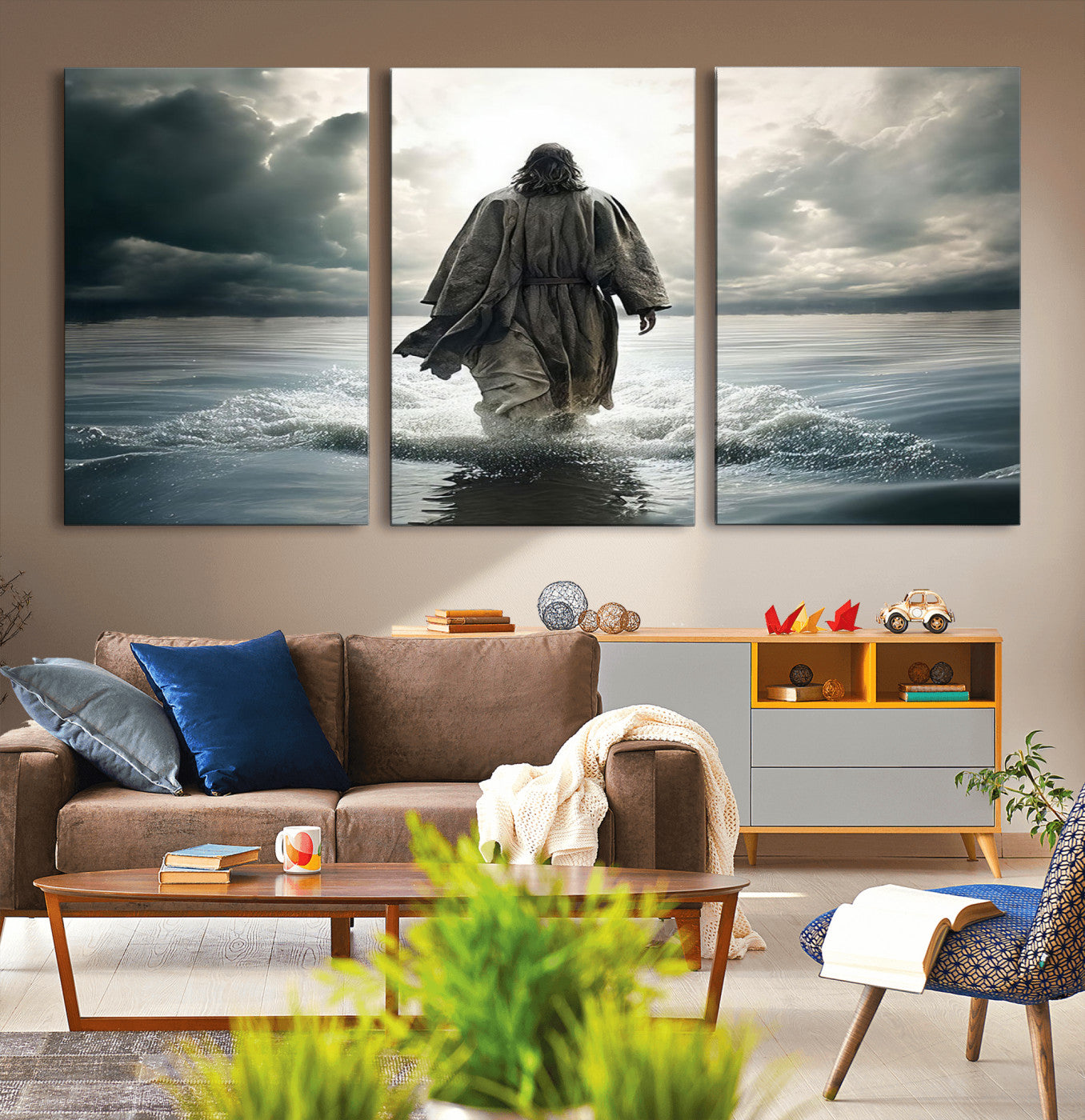 MGV-CV-60X30-3P - Jesus Walking on Water Wall Art | Canvas Print | Ready to Hang | Christian Home Decor | Spiritual