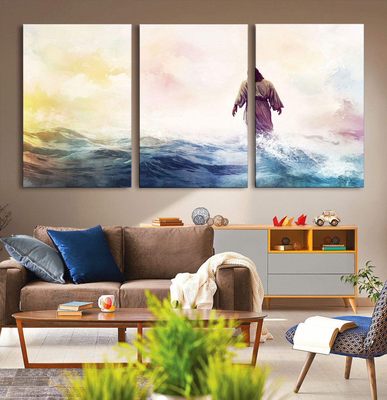 MGV-CV-60X30-3P - Watercolor Jesus Walking on Water Canvas Print, Christian Wall Art, Jesus Christ Walking