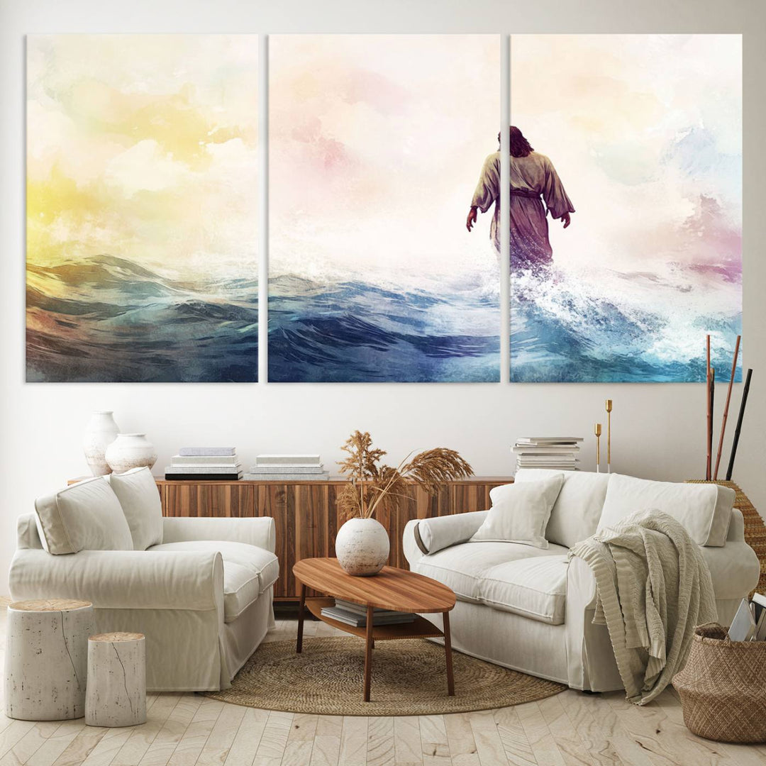 A robed figure strides on water in gentle waves, evoking the Watercolor Jesus Walking on Water canvas art.