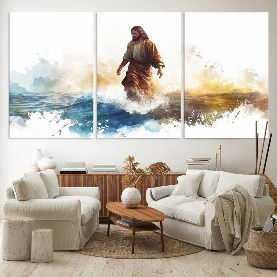 Watercolor Jesus Walking on Water Canvas Print, Christian Wall Art, Jesus Christ Walking