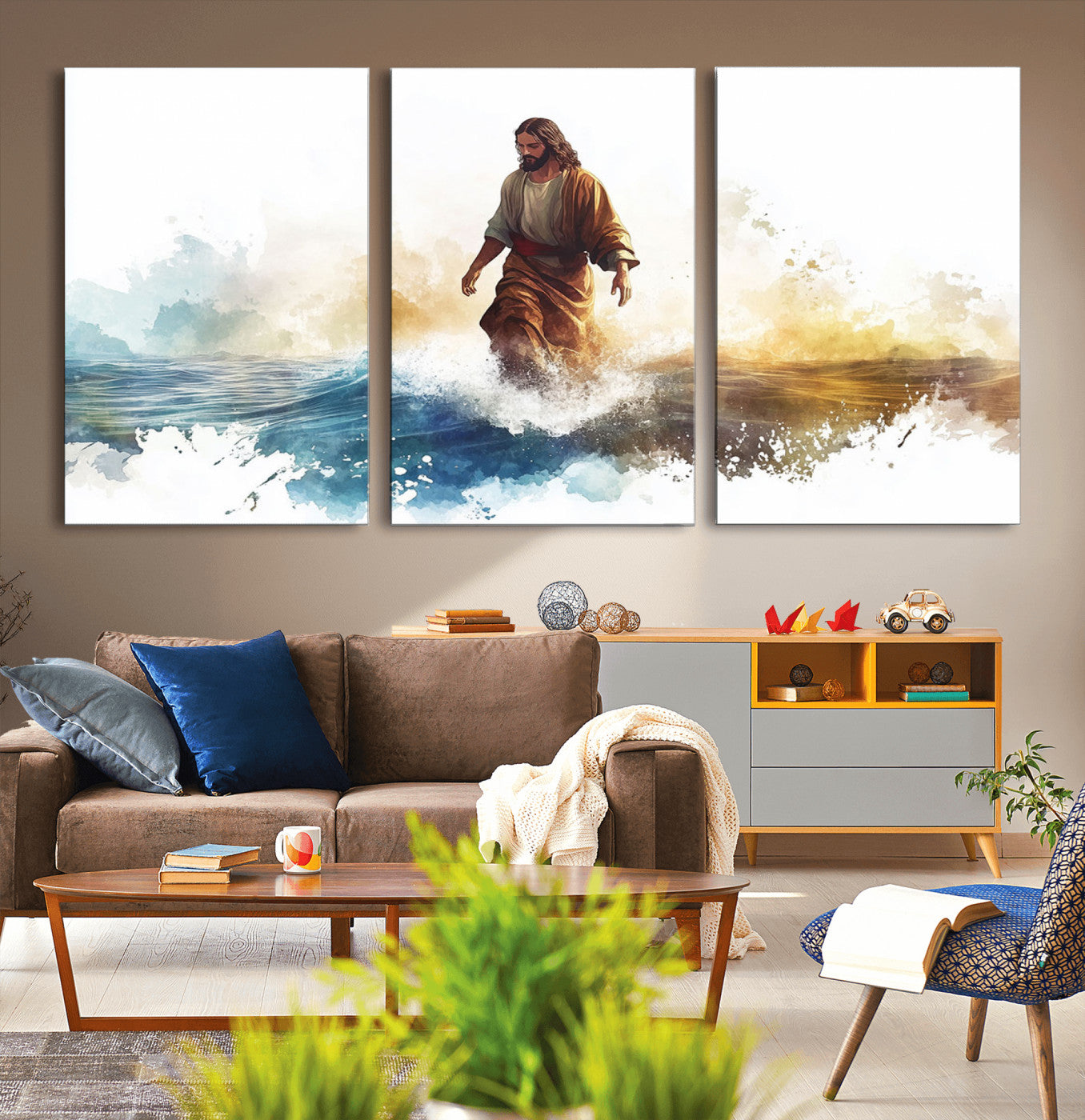 MGV-CV-60X30-3P - Watercolor Jesus Walking Wall Art Print, Jesus Water Canvas Print, Christian Wall Art, Jesus Christ
