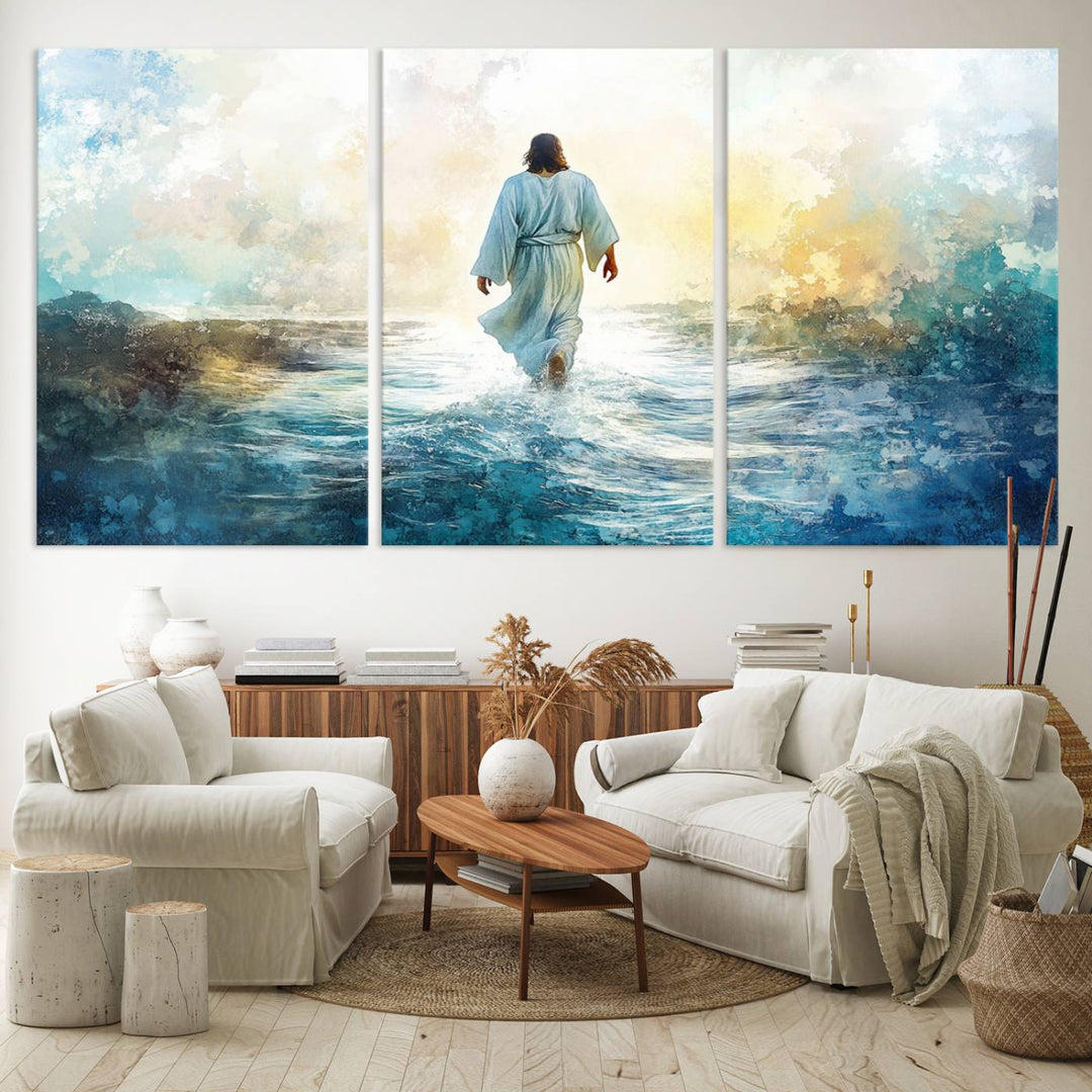 Watercolor Jesus Walking on Water Canvas Print, Christian Wall Art, Jesus Christ Walking