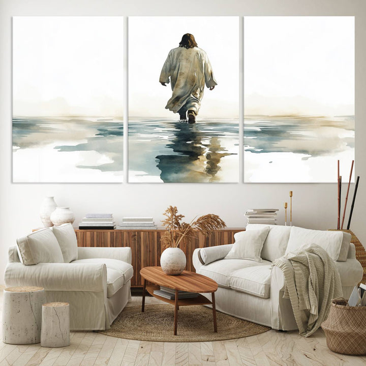 The "Watercolor Jesus Walking on Water Canvas Print" is a breathtaking piece of religious home decor that captures Jesus walking on water in beautiful detail. This Christian wall art hangs gracefully, showcasing its artistic beauty.