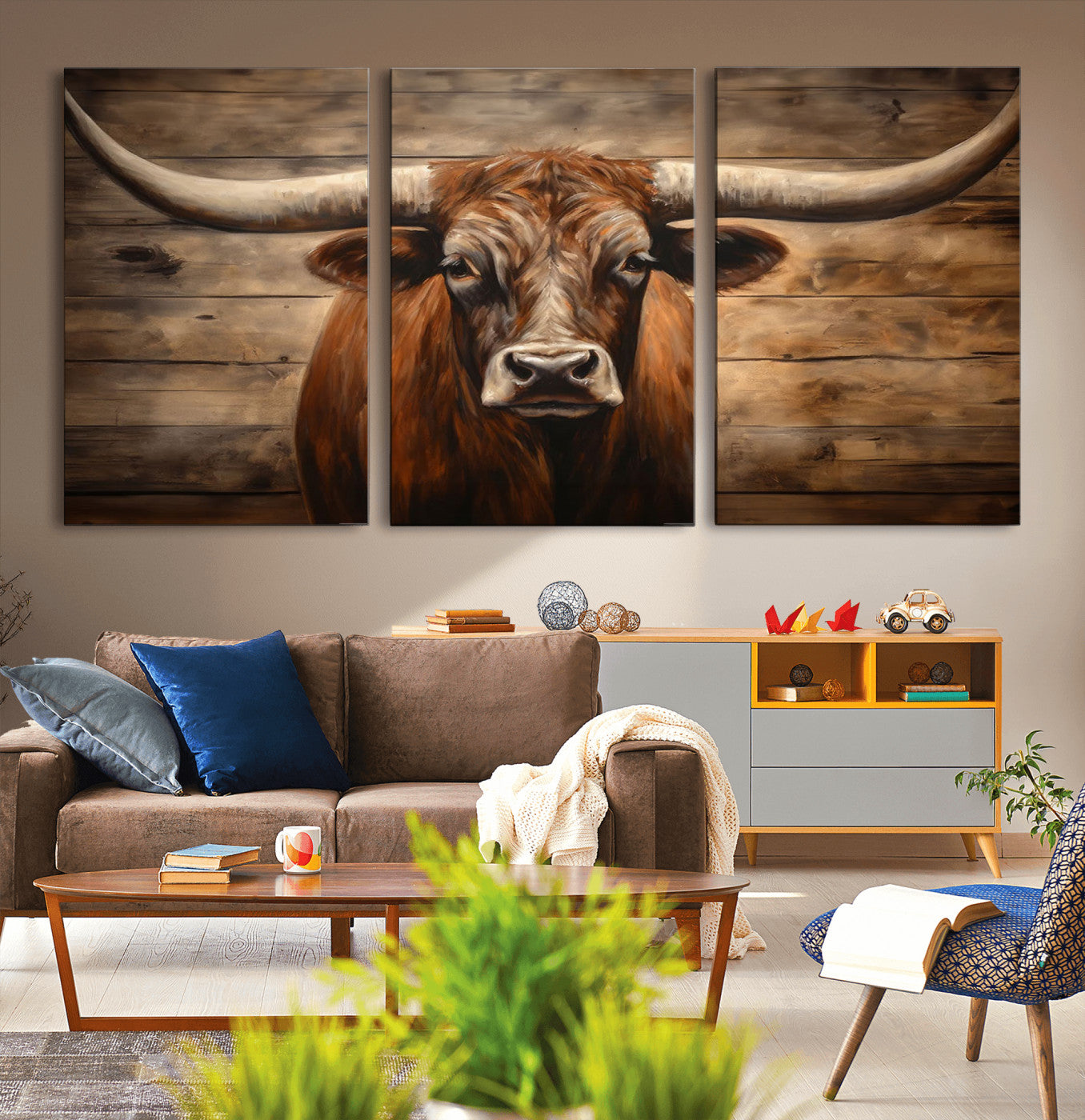 MGV-CV-60X30-3P - Longhorn Bull Wall Art | Canvas Print | Ready to Hang | Rustic Farmhouse Wall Decor | Western Barn