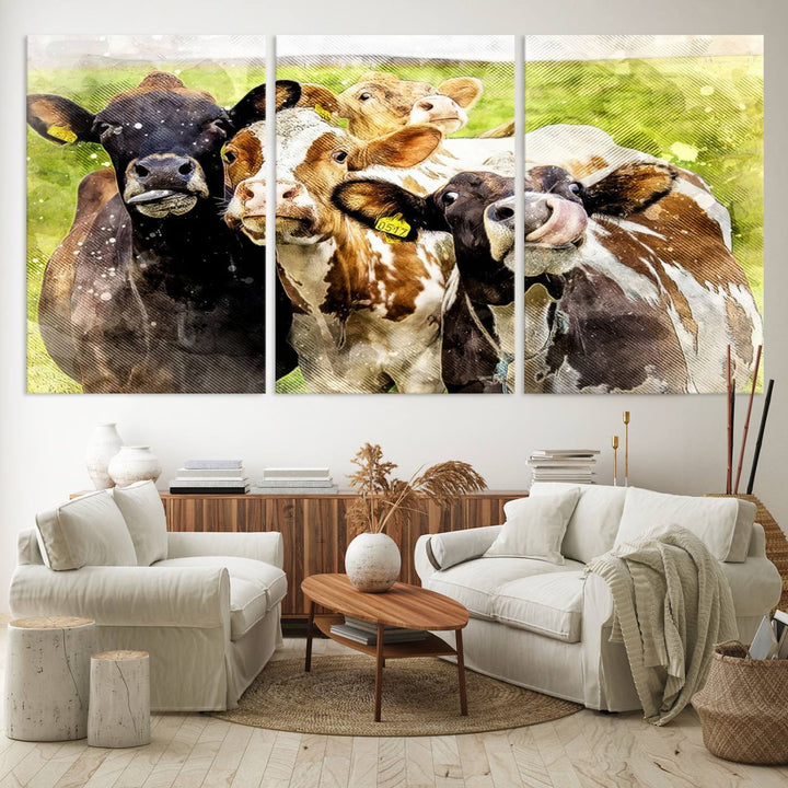 A charming triptych featuring the "Curious Cows Farmhouse Wall Art," a ready-to-hang and framed canvas print, adds a touch of rustic farm decor to the space.