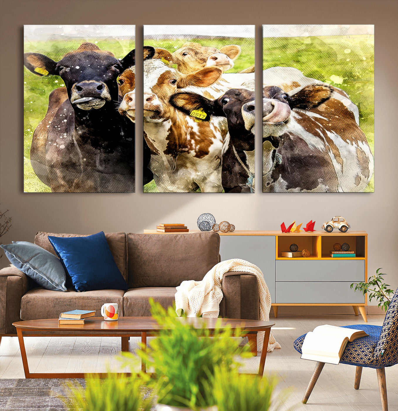 MGV-CV-60X30-3P - Curious Cows Farmhouse Wall Art | Ready to Hang and Framed Canvas Print | Rustic Farm Decor