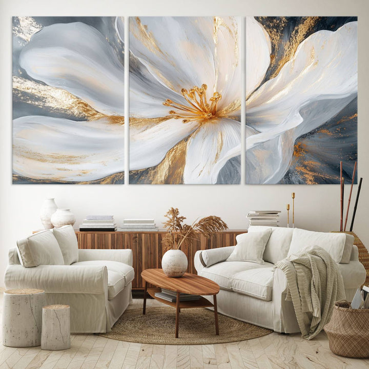 White and Gold Floral Canvas Wall Art - Framed and Ready to Hang - Perfect for Modern Living Rooms