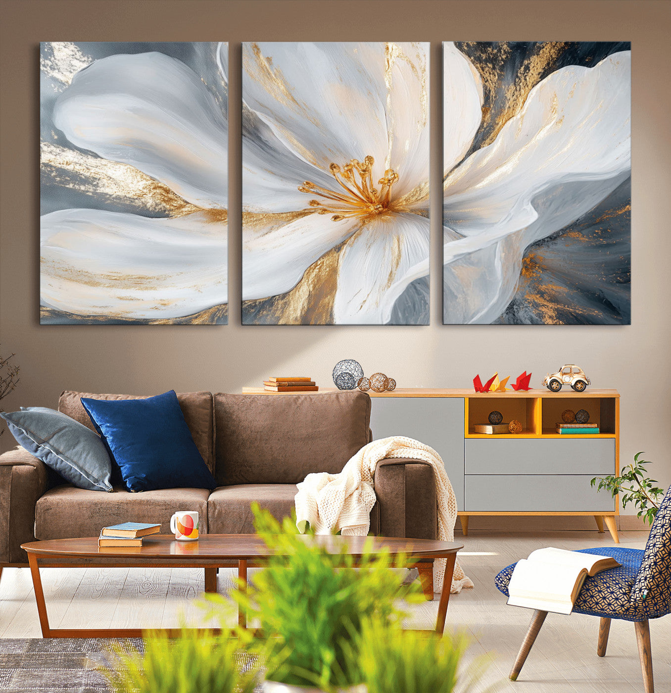MGV-CV-60X30-3P - White and Gold Floral Canvas Wall Art - Framed and Ready to Hang - Perfect for Modern Living Rooms