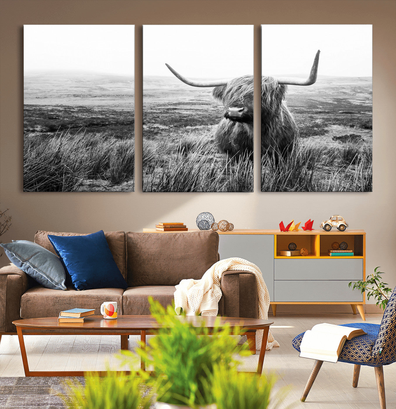 MGV-CV-60X30-3P - Scottish Highland Cow Wall Art | Black and White Canvas Print | Ready to Hang and Framed | Rustic