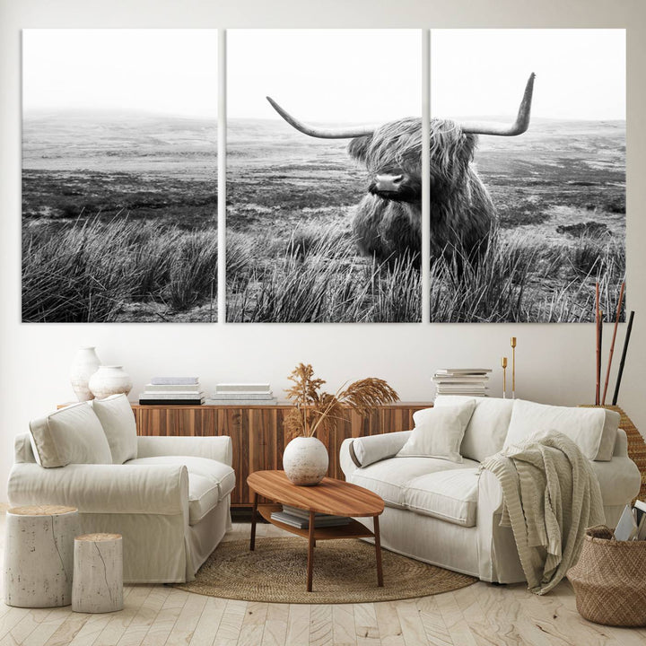 Scottish Highland Cow Wall Art | Black and White Canvas Print | Ready to Hang and Framed | Rustic Farmhouse Wall Decor for Living Room or Office