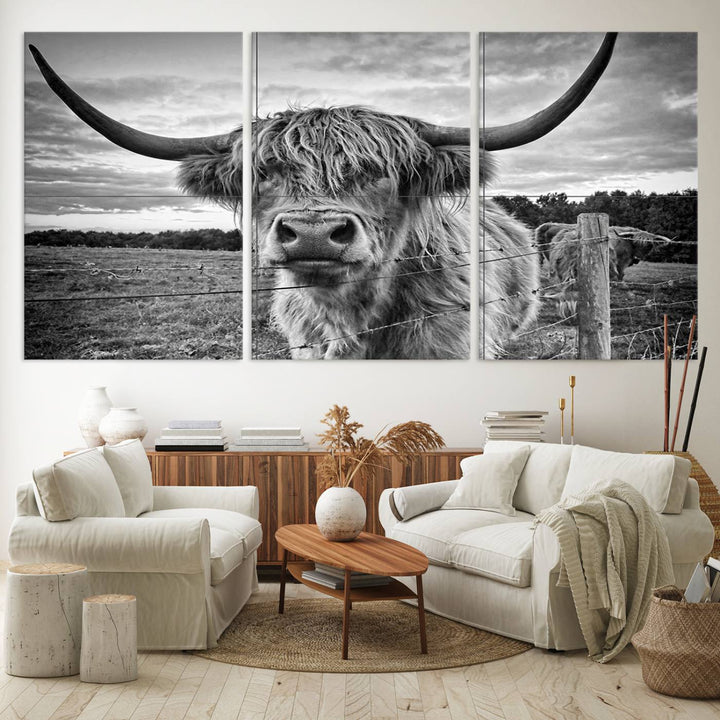 Scottish Highland Cow Wall Art Canvas Print | Ready to Hang and Framed | Rustic Farmhouse Decor