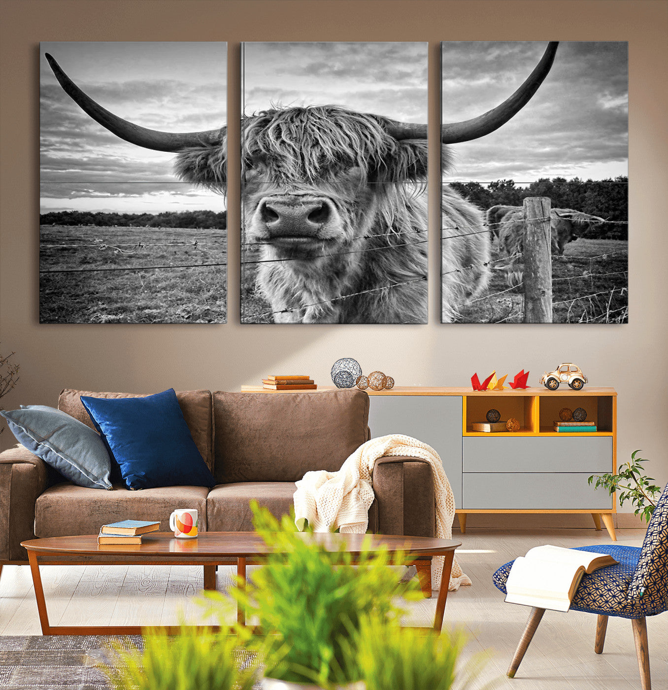 -Scottish Highland Cow Wall Art Canvas Print | Ready to Hang and Framed | Rustic Farmhouse Decor