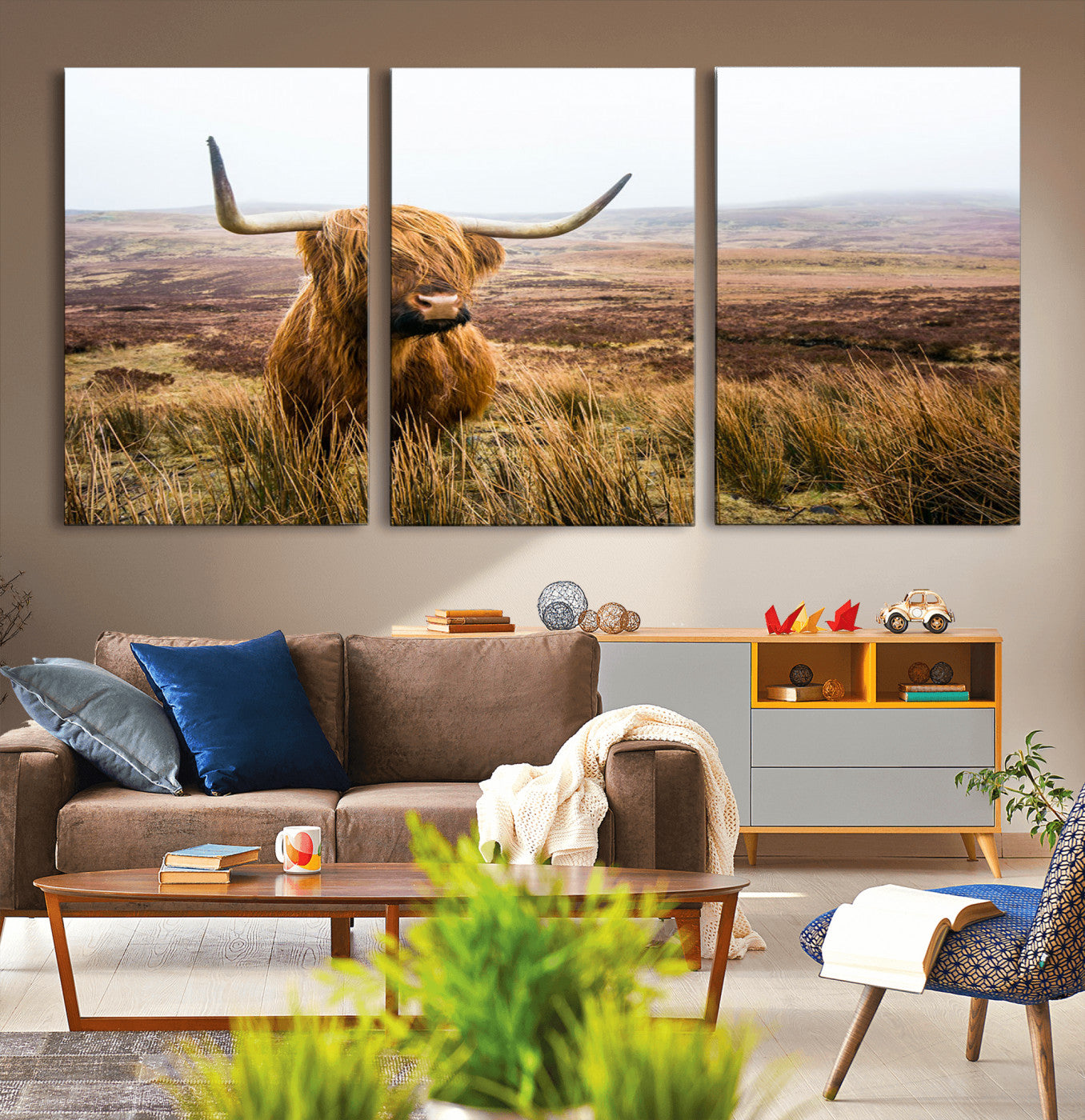 -Scottish Highland Cow Wall Art Canvas Print | Ready to Hang and Framed | Rustic Farmhouse Decor for