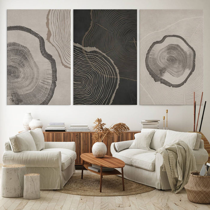 Framed Canvas Wall Art Set Wood Tree Rings Age Abstract Illustrations Prints Modern Art Minimalist Neutral Boho Decor