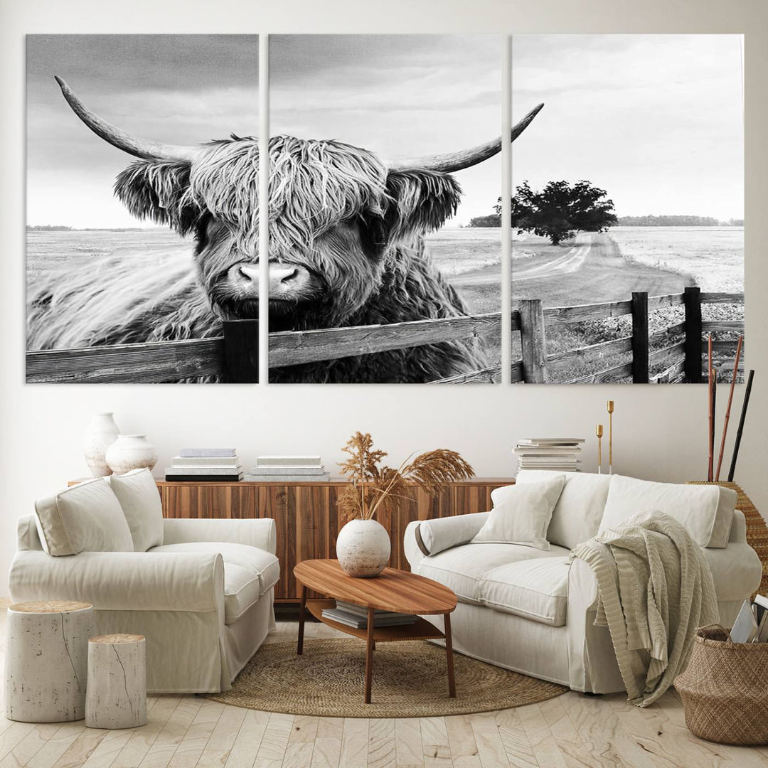 Scottish Highland Cow Wall Art | Rustic Farmhouse Décor | Black and White Ready to Hang Canvas Print