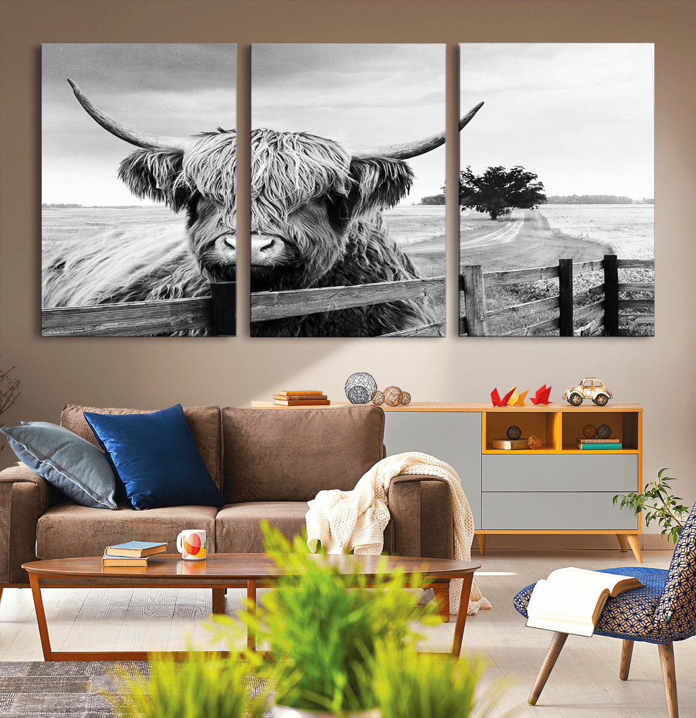 -Scottish Highland Cow Wall Art | Rustic Farmhouse Décor | Black and White Ready to Hang Canvas Print