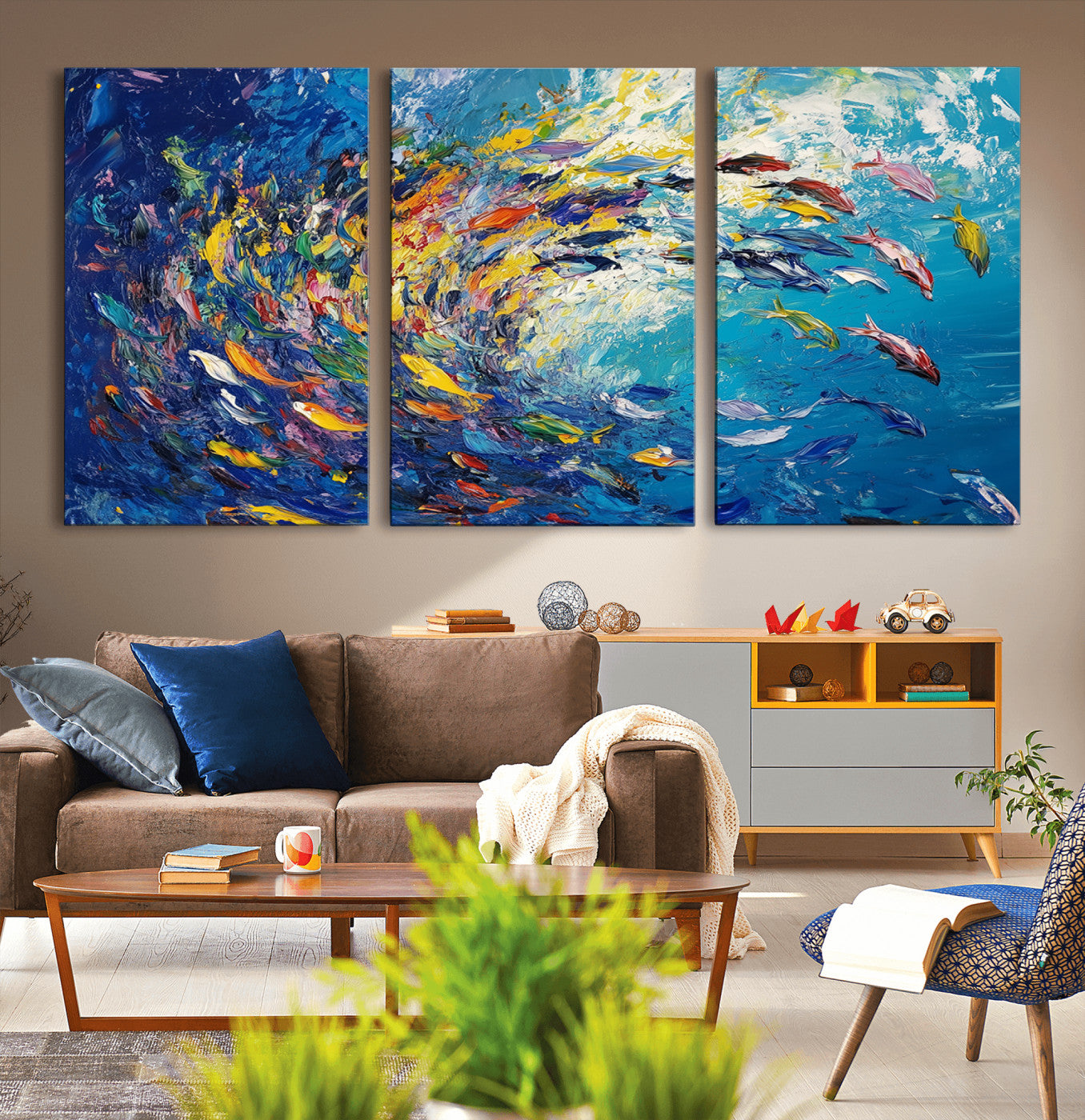 MGV-CV-60X30-3P - Colorful Swirling Fish School Wall Art Canvas Print | Oceanic Abstract Painting | Ready to Hang |