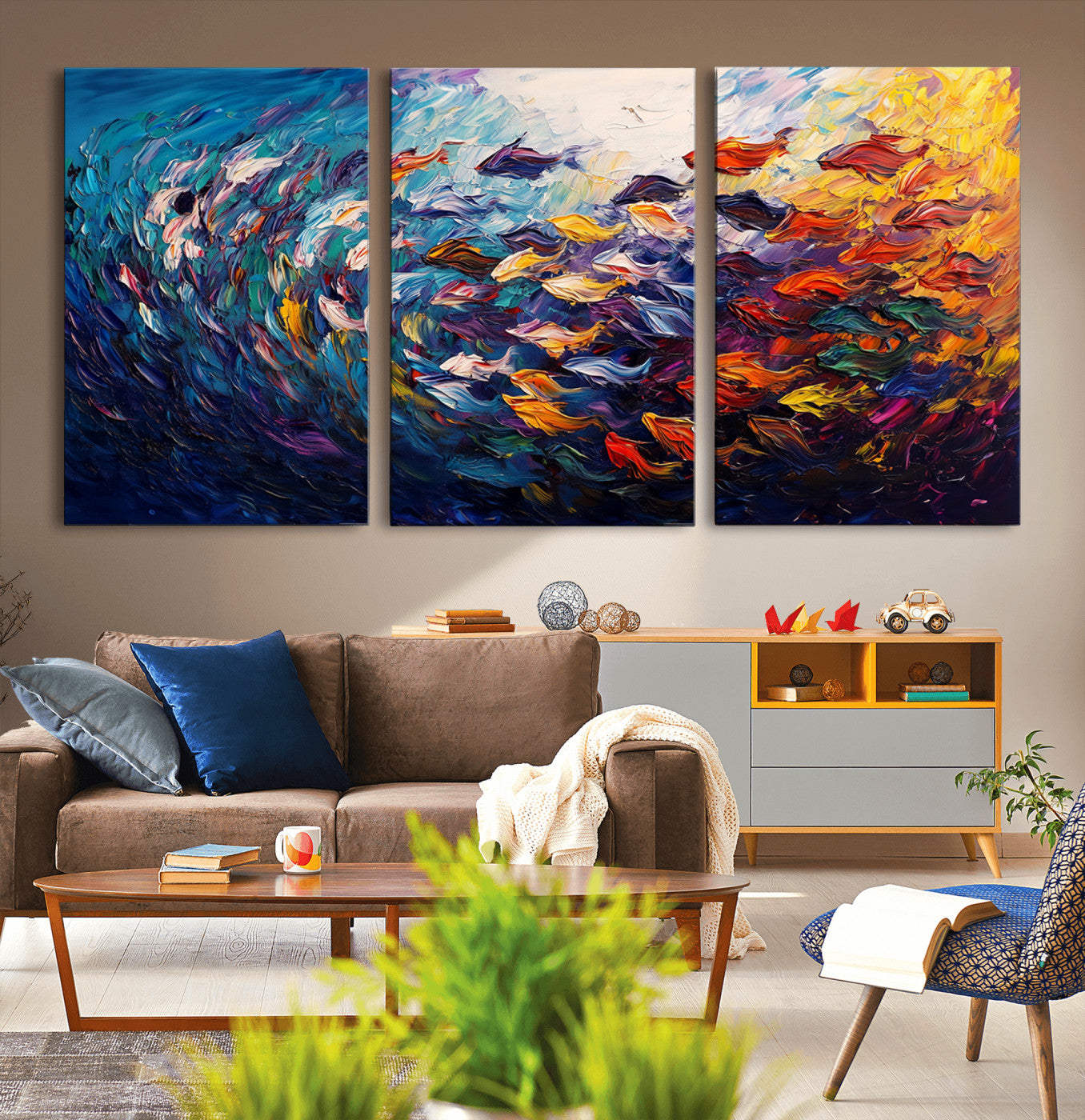MGV-CV-60X30-3P - Vibrant Abstract Fish Swarm Art – Colorful Fish Inspired 3-Piece Canvas Wall Art for Living Room or