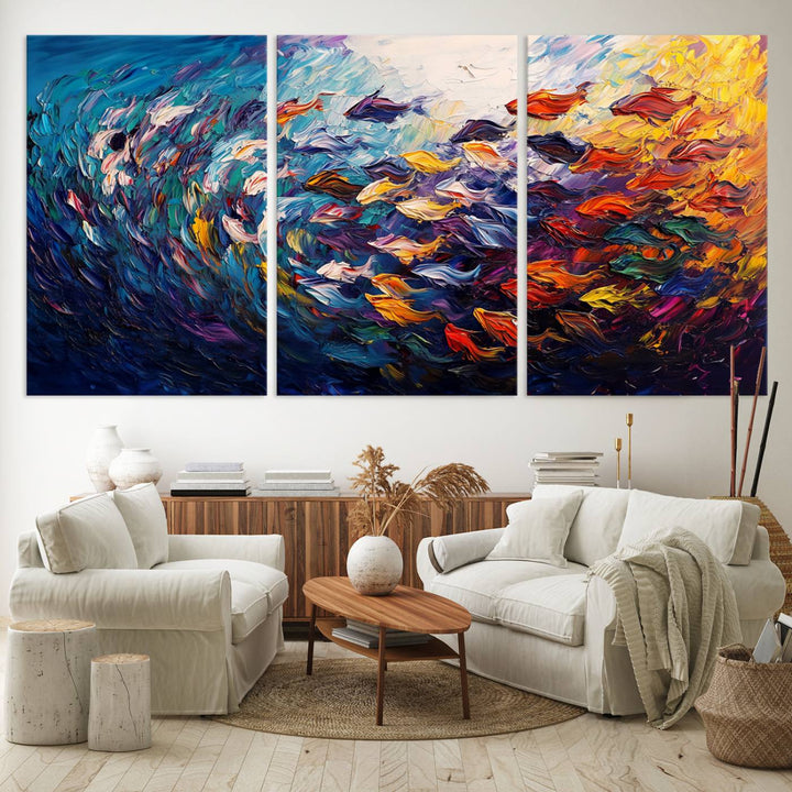 Vibrant Abstract Fish Swarm Art – Colorful Fish Inspired 3-Piece Canvas Wall Art for Living Room or Office – Framed and Ready to Hang