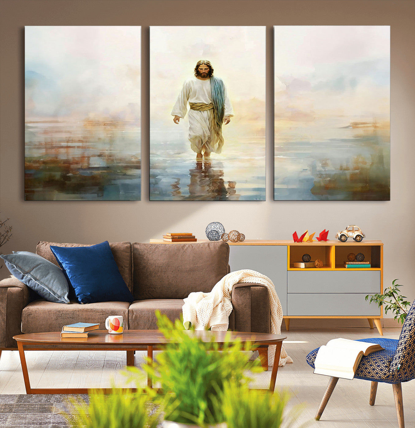 41795-MGV-CV-36X24-Framed Jesus Walking on Water Wall Art - 3-Panel Christian Canvas Prints, Religious Artwork for