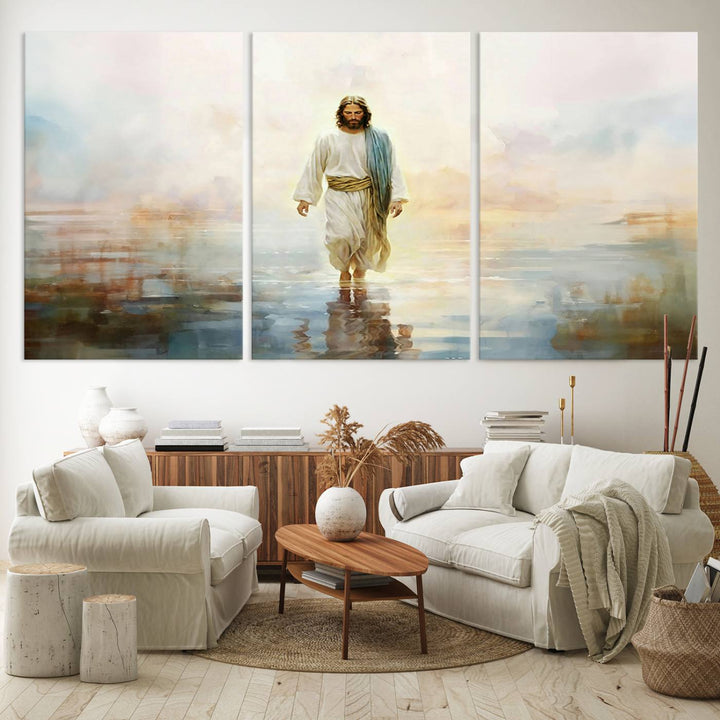 Framed Jesus Walking on Water Wall Art - 3-Panel Christian Canvas Prints, Religious Artwork, Ready to Hang Home Decor for Living Room, Office, or Church