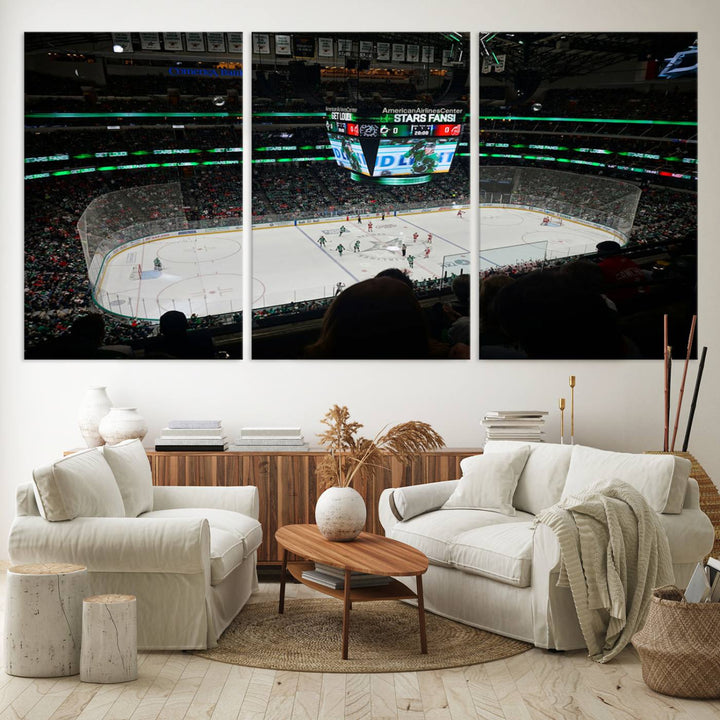 The Dallas Stars Wall Art Canvas Print is as clear as the scoreboard stats at a hockey game in a large arena with bright lights.