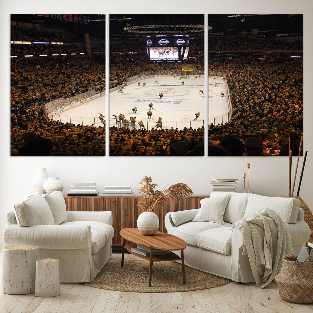 A captivating triptych canvas print, titled "Bridgestone Arena - Nashville Predators Hockey Team Print," adorns the wall. This Nashville wall art canvas print is perfect for Predators fans who appreciate sports-themed decor.