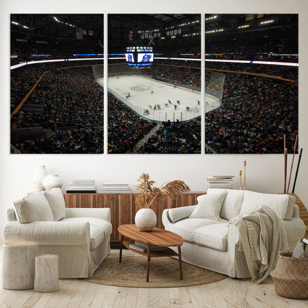 The nautical-themed room is enhanced by the KeyBank Center New York Buffalo Sabres Hockey Stadium Wall Art Canvas Print, a three-panel depiction of a bustling hockey arena with a gallery-quality finish. This canvas artwork, handmade in the USA, introduces an element of sporting elegance to your decor.