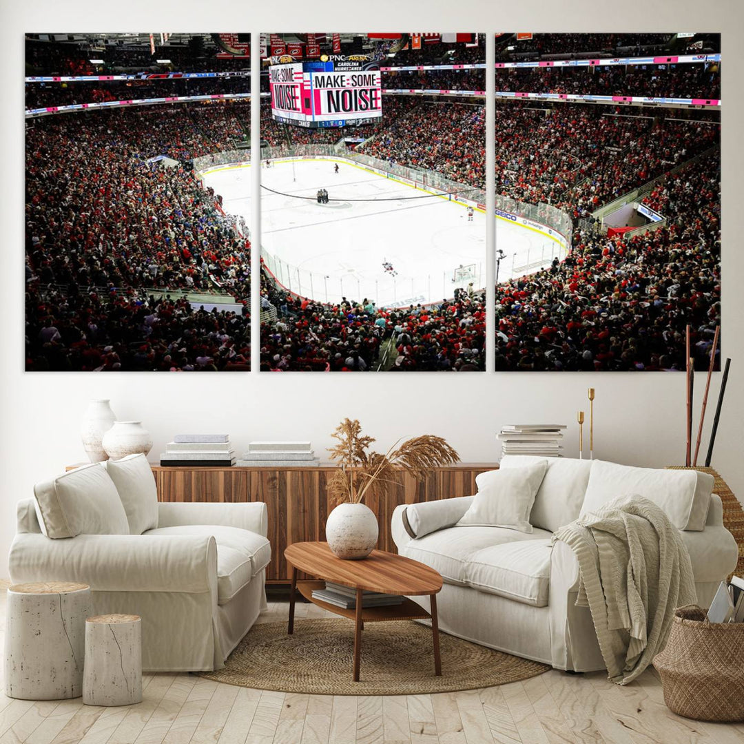 The living room features the PNC Arena Raleigh North Carolina Hurricanes Hockey Stadium Wall Art Canvas Print, which depicts a crowded ice hockey stadium with enthusiastic fans and an ongoing game, all rendered in high-resolution on museum-quality canvas.