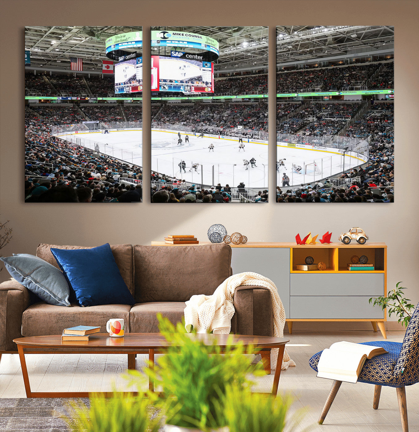 87538-MGV-CV-36X24-Sharks Arena Blackhawks Sharks Ice Hockey Stadium Wall Art Canvas Print, Framed Blackhawks Sharks