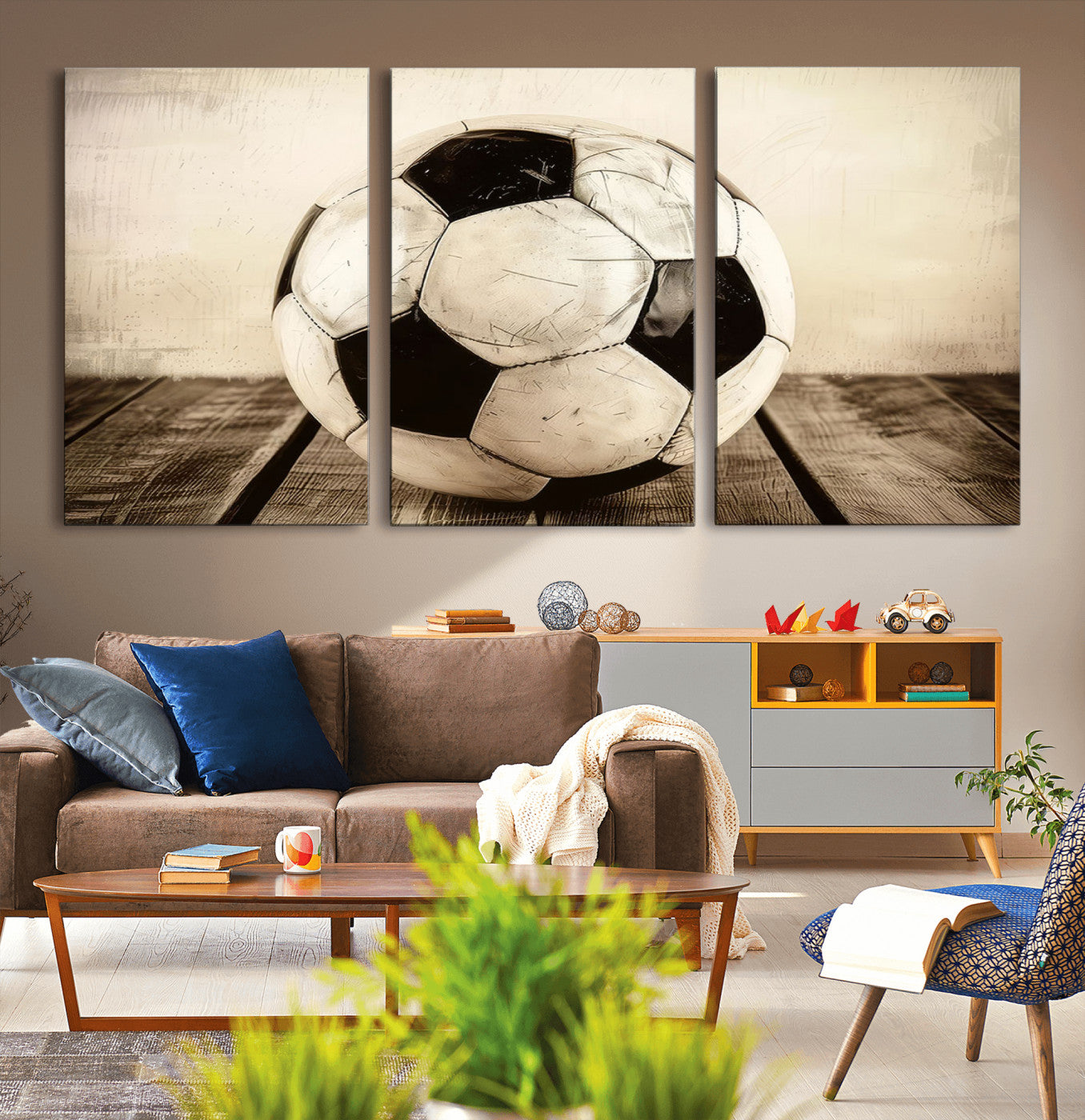 24319-MGV-CV-36X24-Vintage Soccer Ball Wall Decor Canvas Art – 3-Panel Soccer Wall Decor, Framed and Ready to Hang