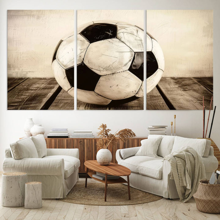 Vintage Soccer Ball Triptych Canvas Art – 3-Panel Soccer Wall Decor, Framed and Ready to Hang Sports Art for Home, Office, or Gym