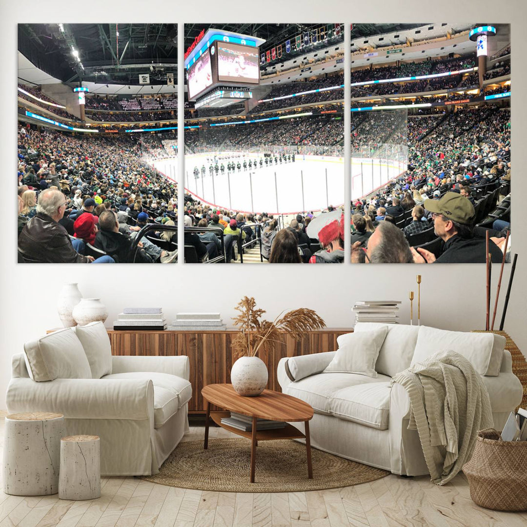 The Xcel Energy Center St Paul Minnesota Wild Ice Hockey Stadium Wall Art Canvas Print captures a packed hockey arena with spectators watching players on the ice. It is elegantly preserved on museum-quality canvas with vibrant details protected by a UV-protective coating.