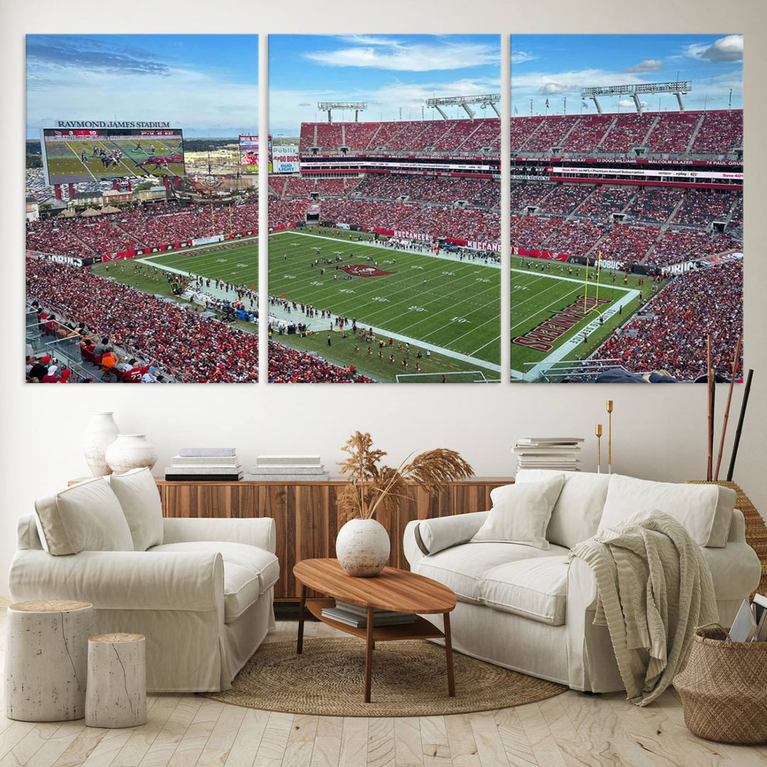 The Florida Tampa Raymond James Stadium Wall Art Canvas Print is featured above the cabinet.