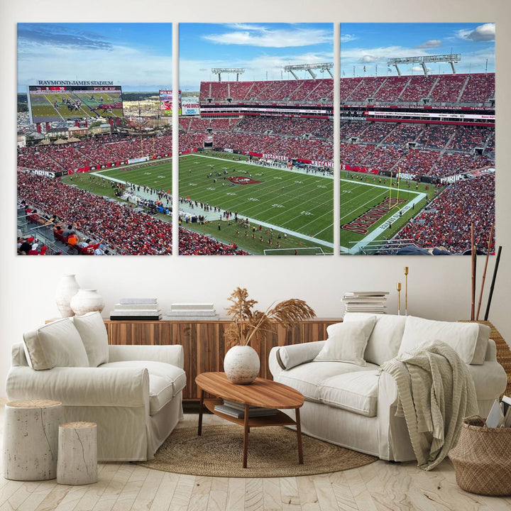 The Florida Tampa Raymond James Stadium Wall Art Canvas Print is featured above the cabinet.