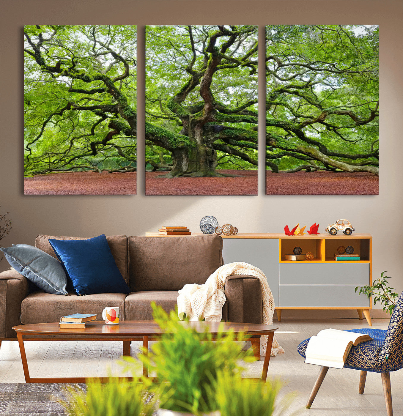 MGV-CV-60X30-3P - Framed Angel Oak Tree Wall Art - 3-Panel Canvas Prints, Large Green Nature Artwork, Ready to Hang