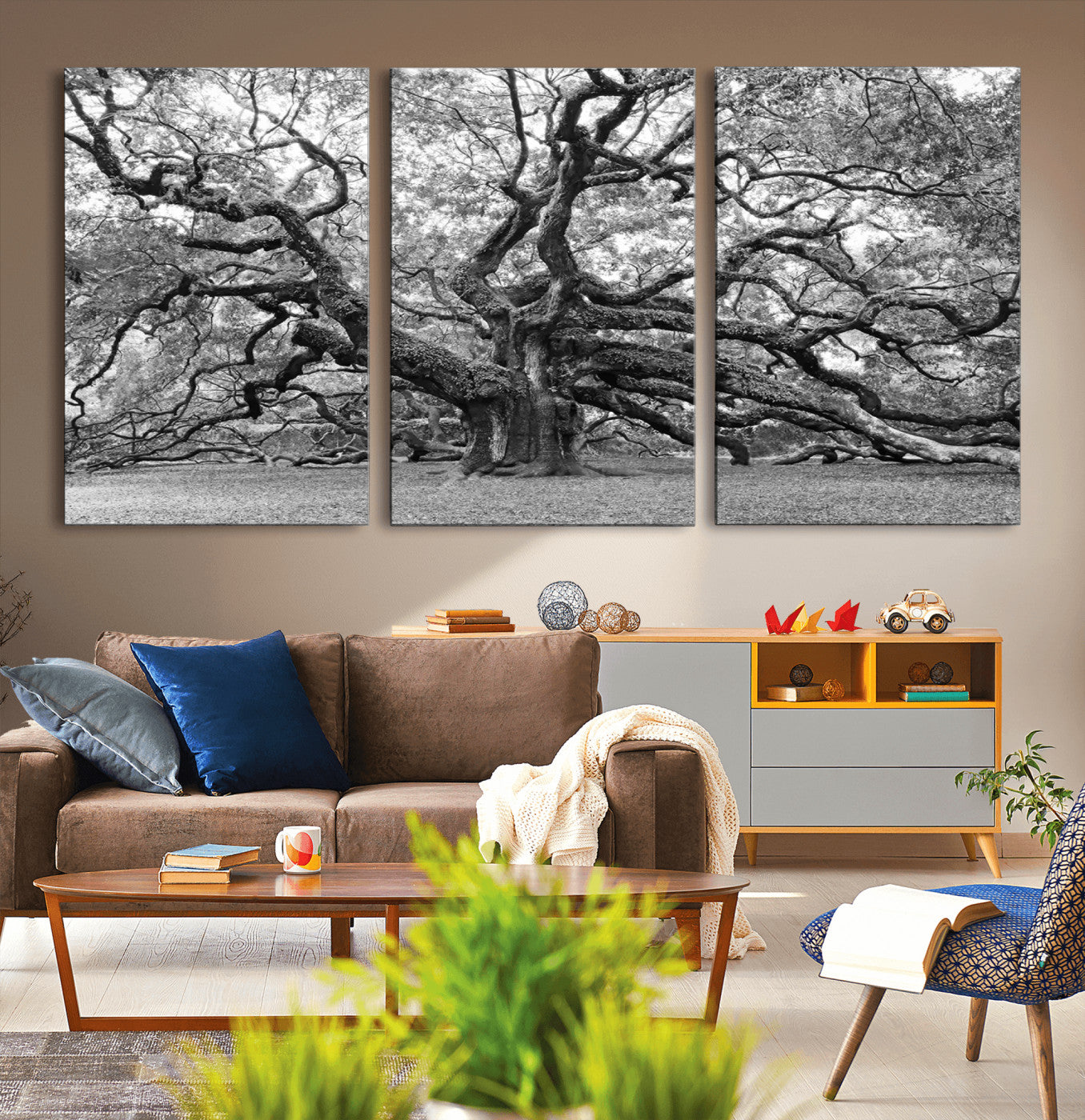 MGV-CV-60X30-3P - Black White Angel Oak Tree Wall Art - Timeless Nature-Inspired Canvas for Rustic, Modern, or