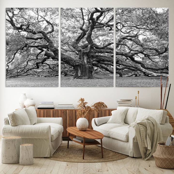 Black White Angel Oak Tree Wall Art - Timeless Nature-Inspired Canvas for Rustic, Modern, or Traditional Home Decor