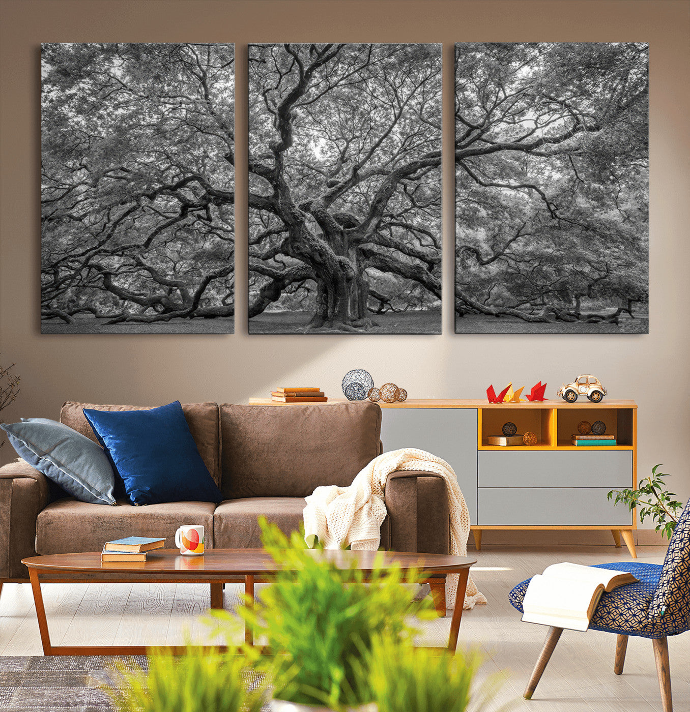 MGV-CV-60X30-3P - Majestic Angel Oak Tree Black and White Canvas Print – Multi Panel Wall Art, Giclée Print, Ready to