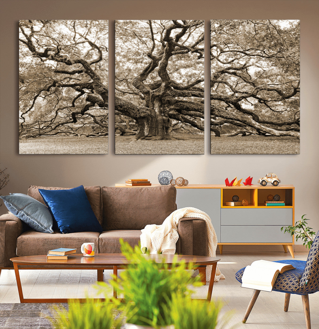 MGV-CV-60X30-3P - Sepia Framed Angel Oak Tree Wall Art - 3-Panel Canvas Prints, Large Green Nature Artwork, Ready to