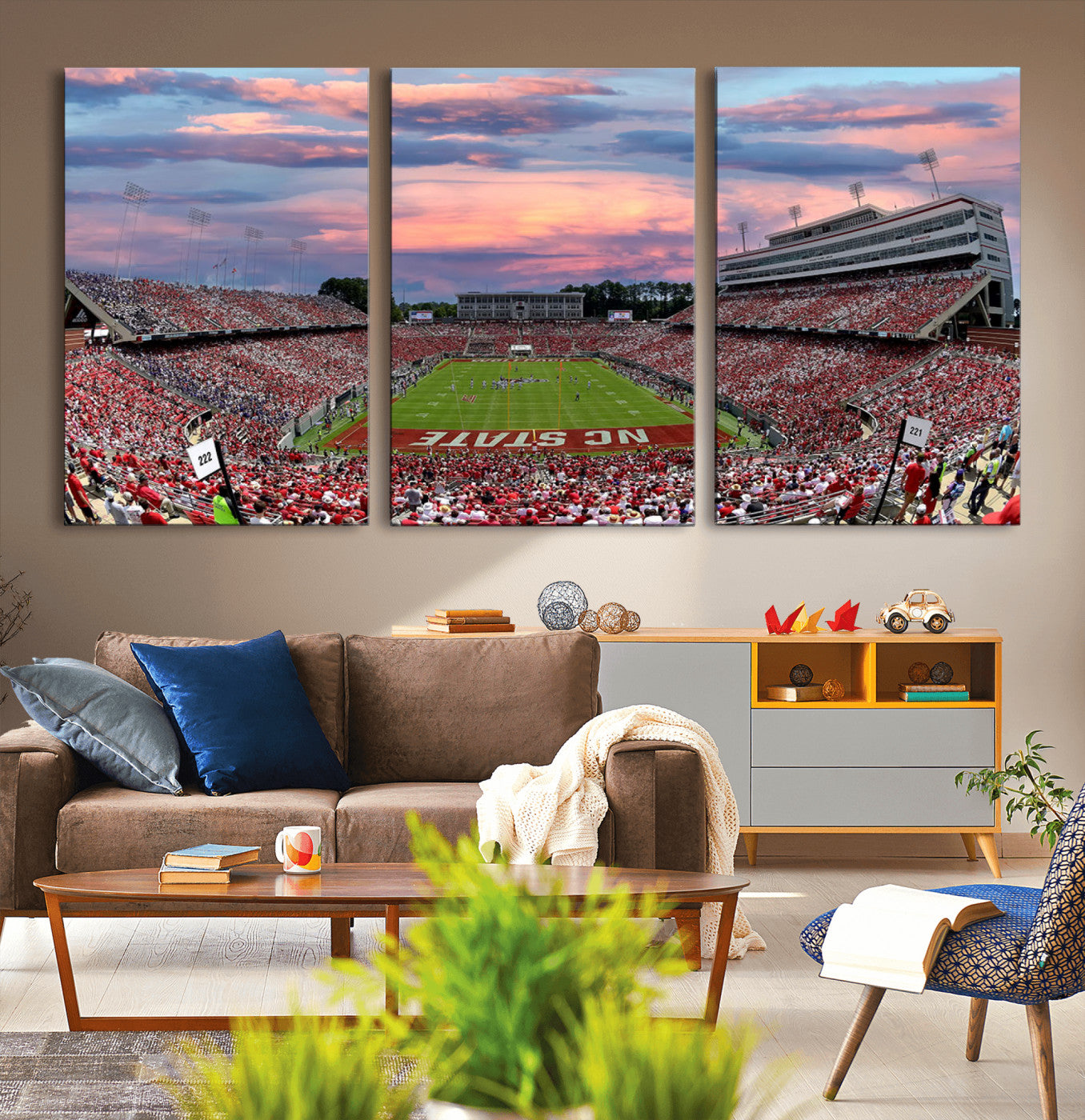 75072-MGV-CV-36X24-Carter-Finley Stadium Art Sunset Game Triple Canvas Wall Art - NC State Wolfpack Football Match