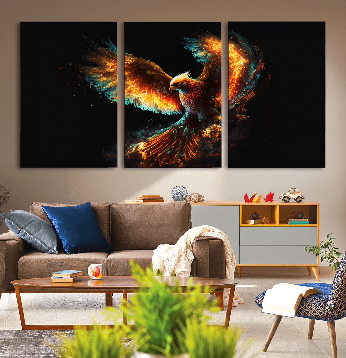 MGV-CV-60X30-3P - Fiery Phoenix Canvas Print | Ready to Hang Wall Art | Bold Fantasy Decor for Living Room | Majestic