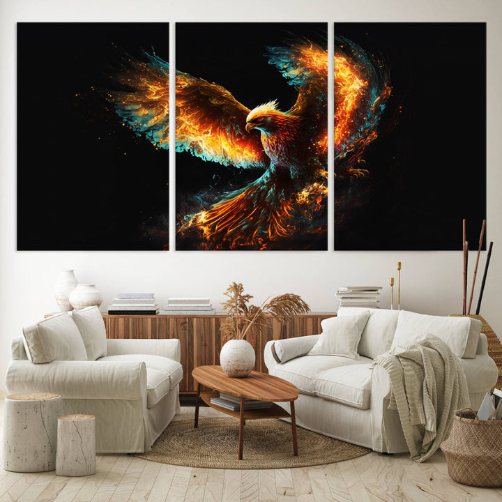 Fiery Phoenix Canvas Print | Ready to Hang Wall Art | Bold Fantasy Decor for Living Room | Majestic Bird Artwork