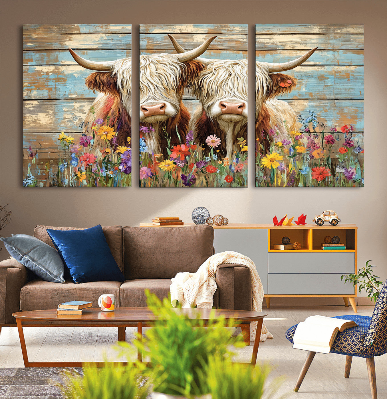 36972-MGV-CV-36X24-Cute Highland Cow Canvas Wall Art - Rustic Farmhouse Decor with Colorful Flowers Perfect Wall Art