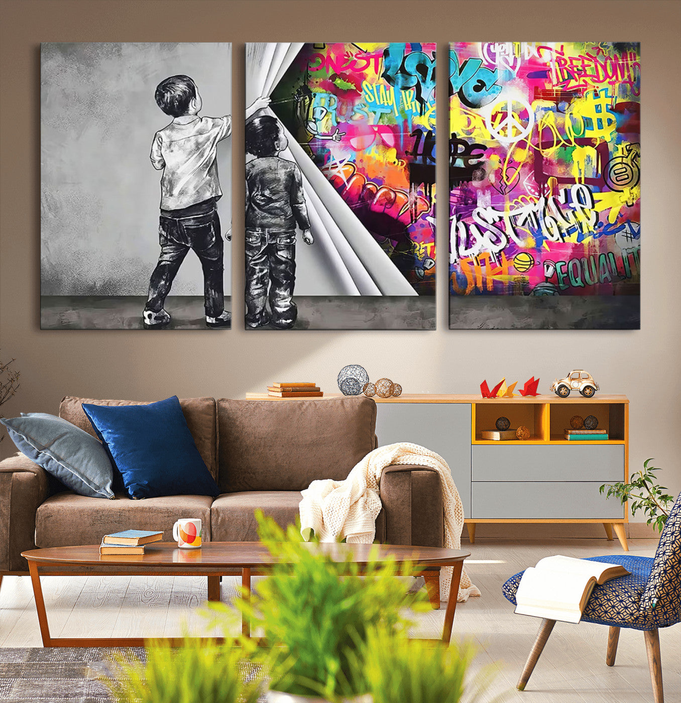 MGV-CV-60X30-3P - Banksy Print - Street Art Canvas Wall Art - Kids Revealing Graffiti, Urban Modern Decor for Living