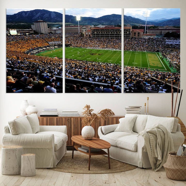 A canvas print captures the Colorado Buffaloes at Folsom Field, framed by mountains in the background.