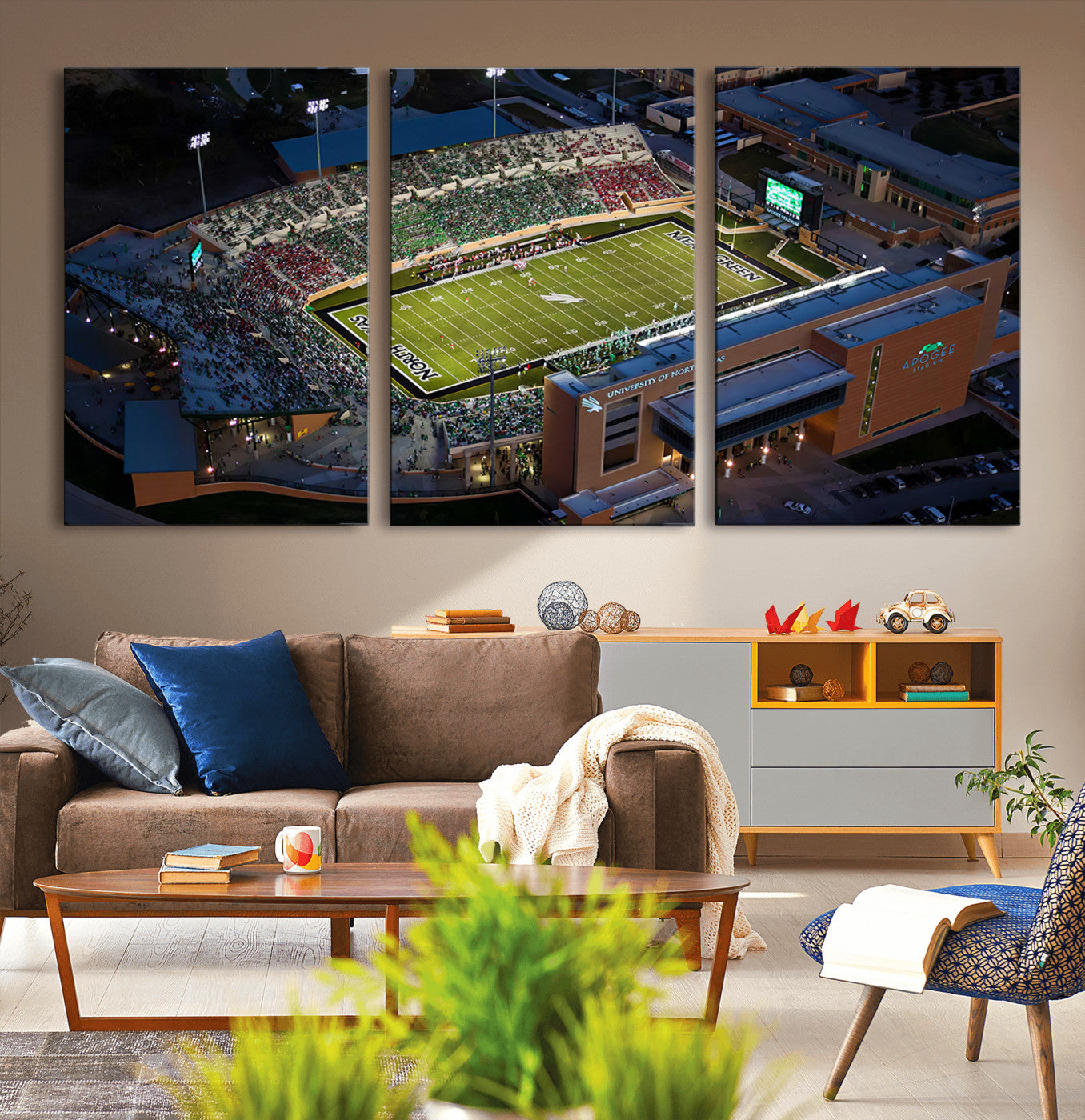 MGV-CV-60X30-3P - University of North Texas Mean Green Football Artwork, Football Team Print - Denton DATCU Stadium